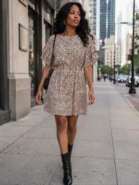 She + Sky Taupe Leopard Print Ruffle Sleeve Mini Dress